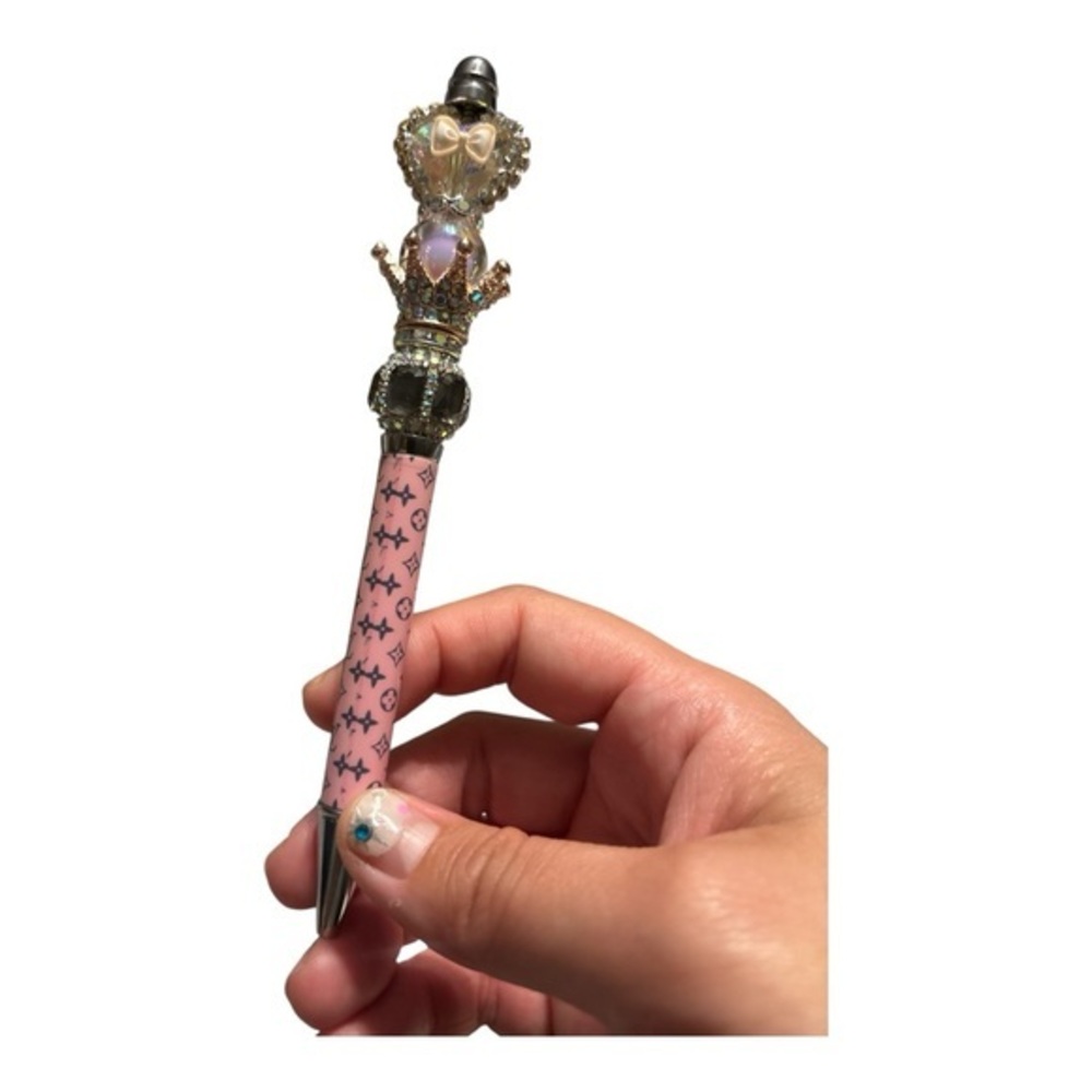 Custom Pink and Black Star Patterned Pen with Decorative Top
